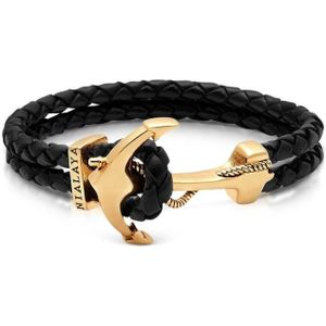 Nialaya, Men's Black Leather Bracelet with Gold Anchor Zwart, Heren, Maat:2XL