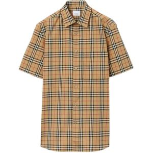 Burberry, Overhemden, Heren, Beige, XL, Katoen, Beige Check Korte Mouwen Overhemd