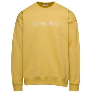 Saint Laurent, Sweatshirts & Hoodies, Heren, Geel, XL, Katoen, Gele Logo Geborduurde Crewneck Sweatshirt