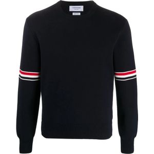 Thom Browne, Blauwe Crew Neck Trui met Handtekening Gestreepte Afwerking Blauw, Heren, Maat:2XL