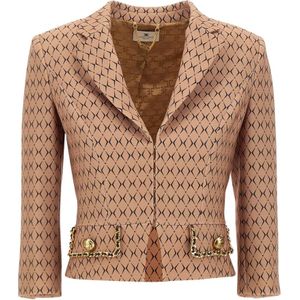 Elisabetta Franchi, Jassen, Dames, Bruin, M, Leer, Dubbele Stretch Crêpe Jas, Rhombus Print