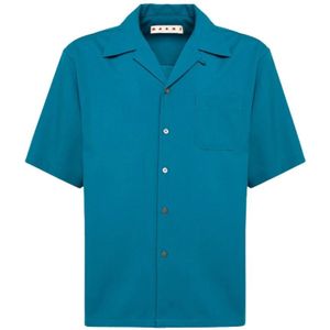 Marni, Overhemden, Heren, Blauw, S, Wol, Wollen Bowling Kraag Shirt