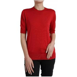 Dolce & Gabbana, Truien, Dames, Rood, S, Rode Zijden Crewneck Sweater Korte Mouw