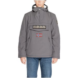 Napapijri, Jassen, Heren, Grijs, S, Polyester, Grijze Effen Hoodie Jas voor Mannen