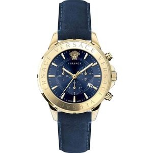 Versace, Accessoires, Heren, Veelkleurig, ONE Size, Chrono Signature Blauw Leder Goud Staal Horloge