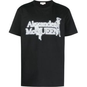 Alexander McQueen, Tops, Heren, Zwart, XL, Zwart Logo Grafisch T-shirt Ronde Hals