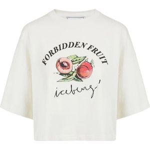 Iceberg, Tops, Dames, Wit, XS, Katoen, Korte mouwen witte cropped T-shirt met Forbidden Fruit print