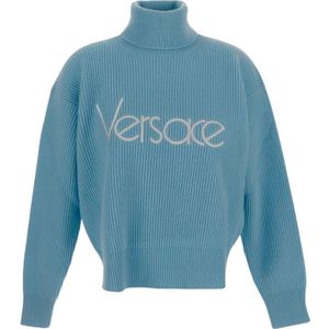 Versace, Lichtblauwe Wollen Gebreide Kleding met Lange Mouwen Blauw, Dames, Maat:S