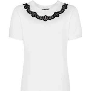 Dolce & Gabbana, Tops, Dames, Wit, S, Katoen, Logo DG Kant Jersey T-Shirt