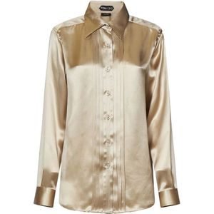 Tom Ford, Blouses & Shirts, Dames, Beige, S, Zijden Charmeuse Plisse Shirt Beige