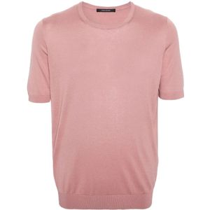 Tagliatore, Tops, Heren, Roze, L, Zalmzijden T-shirt Geribbelde ronde hals Korte mouw