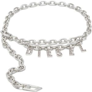Diesel, Chain belt with crystal logo charm Grijs, Dames, Maat:ONE Size