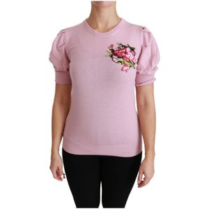 Dolce & Gabbana, Tops, Dames, Roze, L, Wol, Roze Bloemen Geborduurde Wollen Top