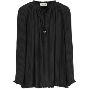 Lanvin, Blouses & Shirts, Dames, Zwart, S, Zwarte Geplooide Blouse met V-Hals