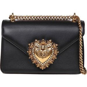 Dolce & Gabbana, Tassen, Dames, Zwart, ONE Size, Leer, Zwarte leren schoudertas met heilig hart ontwerp