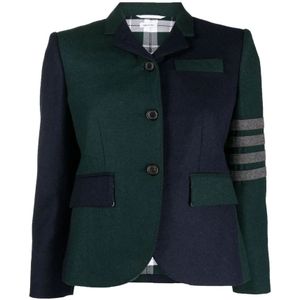 Thom Browne, Jassen, Dames, Groen, S, Wol, Groene Wollen Flanellen Jas 4bar Detail