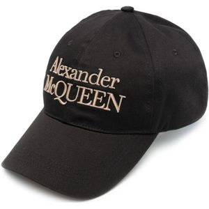 Alexander McQueen, Accessoires, Heren, Zwart, M, Katoen, Zwart Logo Geborduurd Beige Katoenen Hoed
