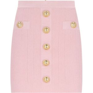Balmain, Rokken, Dames, Roze, 2Xs, Polyester, Roze Gebreide Mini Rok met Gouden Details