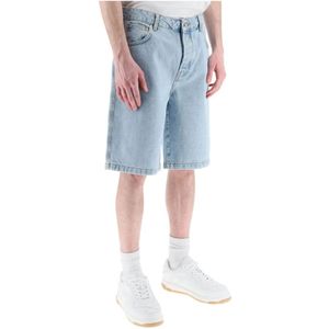 Drole de Monsieur, Gewassen denim shorts met leren logo Blauw, Heren, Maat:W31