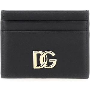 Dolce & Gabbana, Accessoires, Dames, Zwart, ONE Size, Leer, Stijlvolle Leren Kaarthouder met DG Metalen Plaat