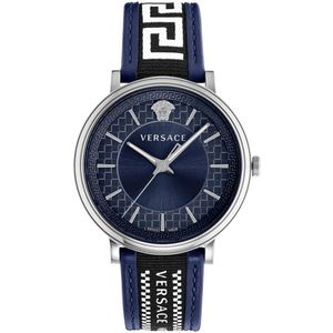 Versace, Blauwe V-Circle Leder/Textiel Horloge Blauw, Heren, Maat:ONE Size