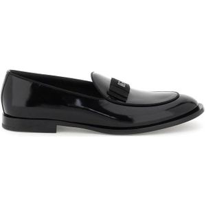 Dolce & Gabbana, Schoenen, Heren, Zwart, 43 EU, Leer, Zwarte leren platte schoenen met logo plaatje