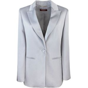 Max Mara Studio, Jassen, Dames, Grijs, M, Leer, Getailleerde enkellange satijnen blazer