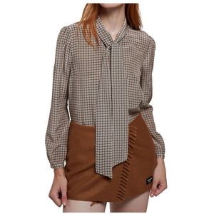 Prada, Blouses & Shirts, Dames, Bruin, S, Zijden Pied De Poule Overhemd met Strik Kraag