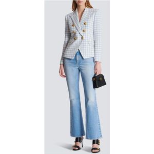 Balmain, Jassen, Dames, Blauw, L, Tweed, Gingham tweed jasje met 6 knopen