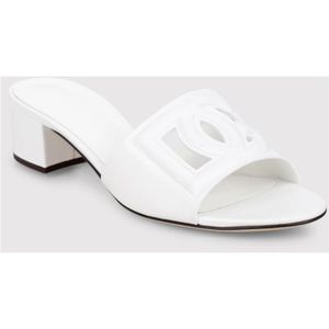 Dolce & Gabbana, Schoenen, Dames, Wit, 37 1/2 EU, Leer, Geëtst Logo Middenhak Muiltjes