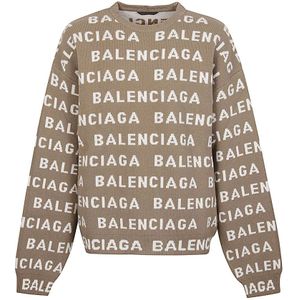 Balenciaga, Truien, Heren, Beige, L, Allover Logo Crewneck Sweater