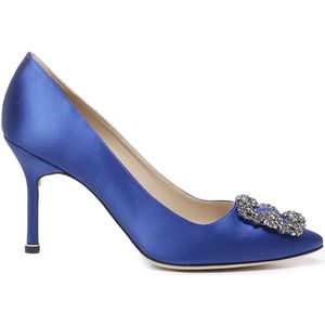 Manolo Blahnik, Schoenen, Dames, Blauw, 41 EU, Satijn, Blauwe Satijnen Kristallen Gesp Hakken