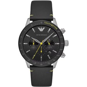 Emporio Armani, Accessoires, Heren, Zwart, ONE Size, Elegante Chronograaf Leren Horloge