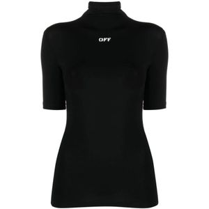 Off White, Tops, Dames, Zwart, XS, Zwarte trui met hooggesloten hals en wit logo