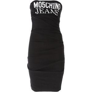 Moschino, Kleedjes, Dames, Zwart, S, Zwarte Logo Print Strapless Jurk
