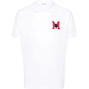 Moncler, Tops, Heren, Wit, L, Katoen, Logo Pique Polo Shirt met Applicatie