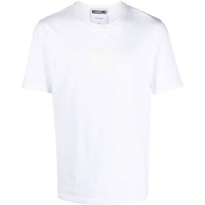 Moschino, Tops, Heren, Wit, M, Katoen, Witte T-shirts en Polos met Logo Patch