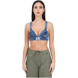 Calvin Klein Jeans, Denim Crop Top met Logo Band Blauw, Dames, Maat:M