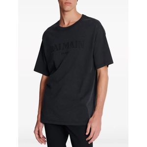 Balmain, Tops, Heren, Grijs, S, Katoen, Geborduurd Logo Crew Neck T-shirts