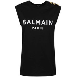 Balmain, Tops, Dames, Zwart, S, Katoen, Mouwloos Zwart Katoenen T-shirt Aw 22