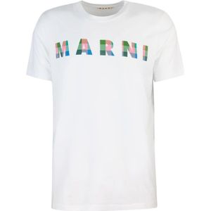 Marni, Wit Geruit Logo T-shirt Wit, Heren, Maat:M