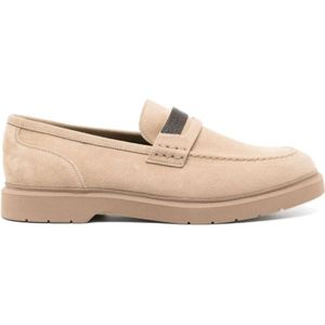 Brunello Cucinelli, Schoenen, Dames, Beige, 36 1/2 EU, Suède, Beige Platte Schoenen met Monili Detail