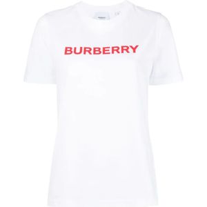 Burberry, Tops, Dames, Wit, M, Katoen, Witte Katoenen T-shirt met Logo Print voor Dames