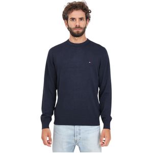 Tommy Hilfiger, Truien, Heren, Blauw, 3Xl, Katoen, Blauwe Crew-Neck Sweater met Vlag Borduurwerk