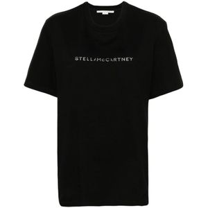 Stella McCartney, Tops, Dames, Zwart, XS, Katoen, T-shirts en Polos met Glittery Logo Print