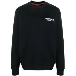 Ermenegildo Zegna, Sweatshirts & Hoodies, Heren, Zwart, S, Katoen, Zwarte Katoenen Trui met Ribboorden en Voorlogo Print