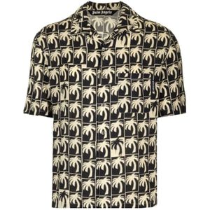 Palm Angels, Overhemden, Heren, Zwart, L, Korte mouwen bowling shirt met print