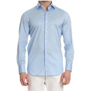 Finamore, Heldere Blauwe Stretch Poplin Overhemd Blauw, Heren, Maat:XL