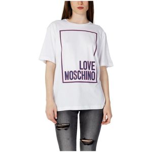 Love Moschino, Tops, Dames, Wit, L, Katoen, Wit Katoenen Bedrukt T-Shirt Vrouwen