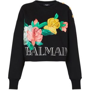 Balmain, Sweatshirts & Hoodies, Dames, Zwart, S, Katoen, Vintage sweatshirt met rozenprint